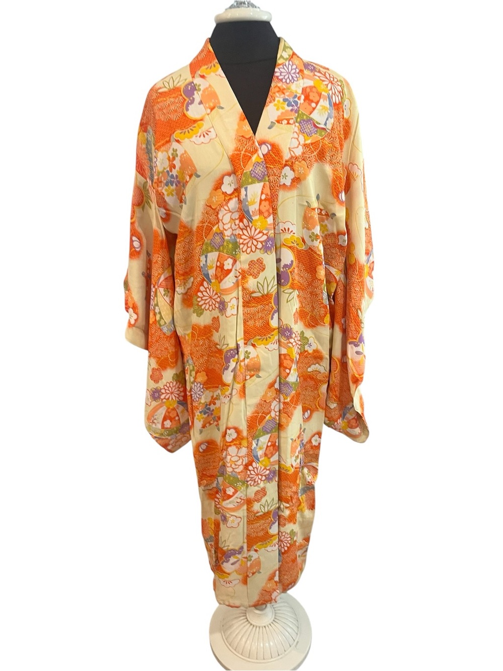 Vintage Handmade Japanese Kimono Kaftan Caftan Zip Lined Floral Orange XLarge - Picture 2 of 10